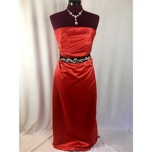 NWOT Night Scene California Red Satin Long Strapless Gown Dress